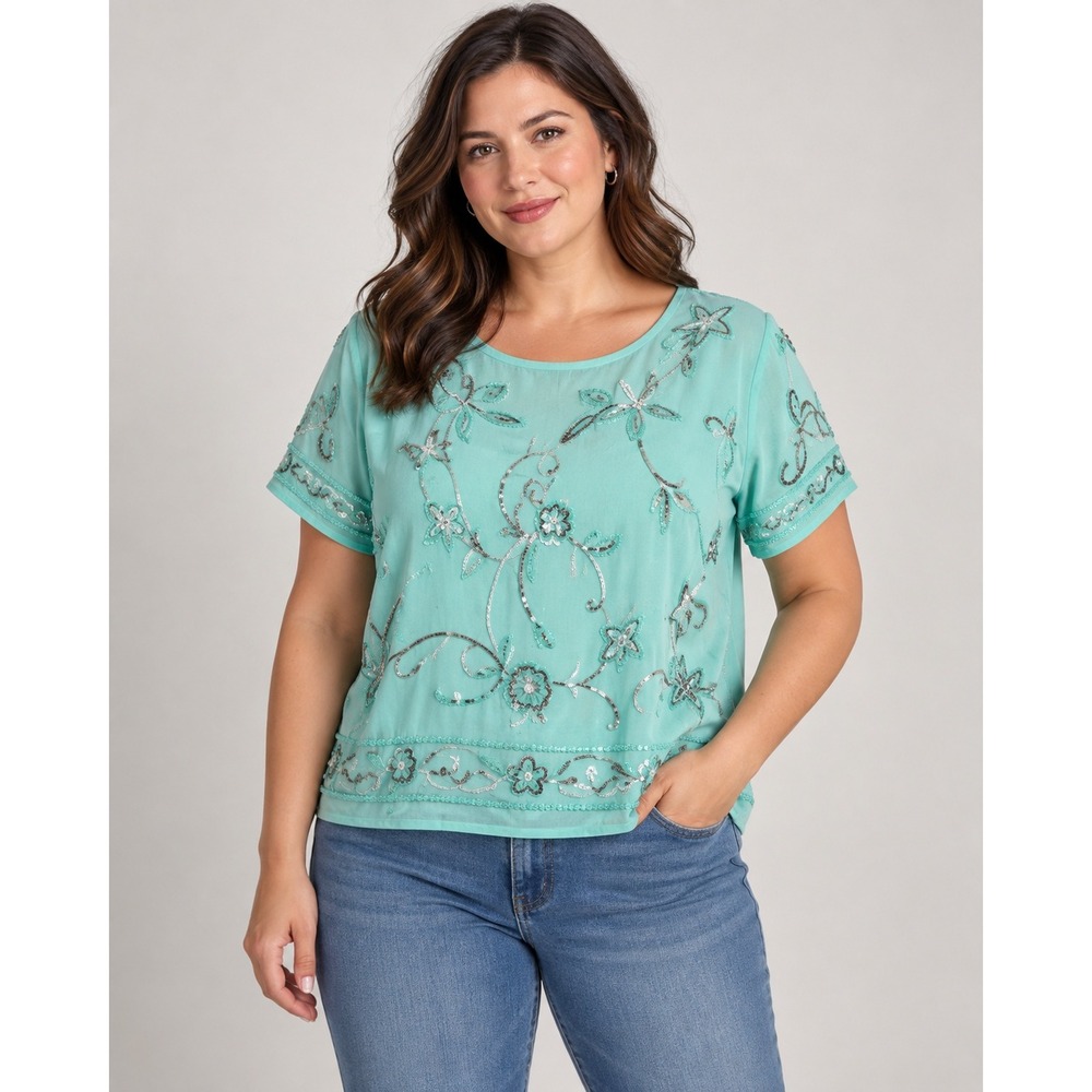 Verty Women's Large Aqua Beaded Sequin Embroidered Floral Blouse Short Sleeve